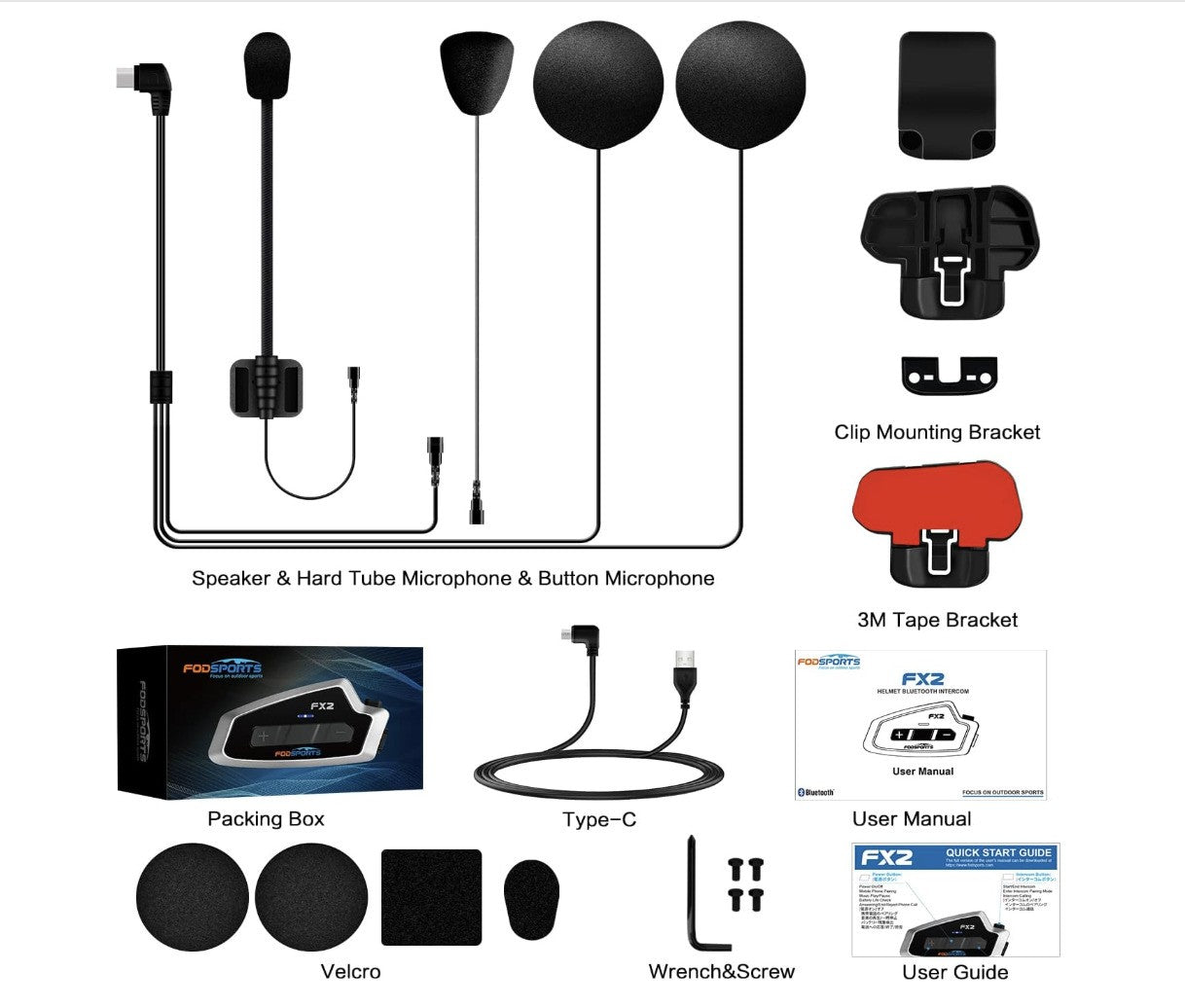 Fodsports FX2 Motorrad Intercom Bluetooth Helm Headset 3 Fahrer, GPS, Musik
