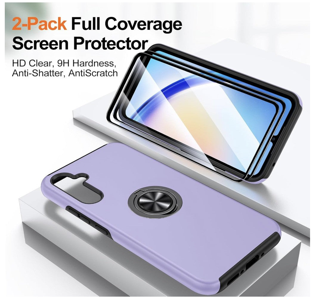 KOVASIA – Galaxy A34 5G Hülle mit Ringhalter, 2x Panzerfolie, Stoßschutz, lila