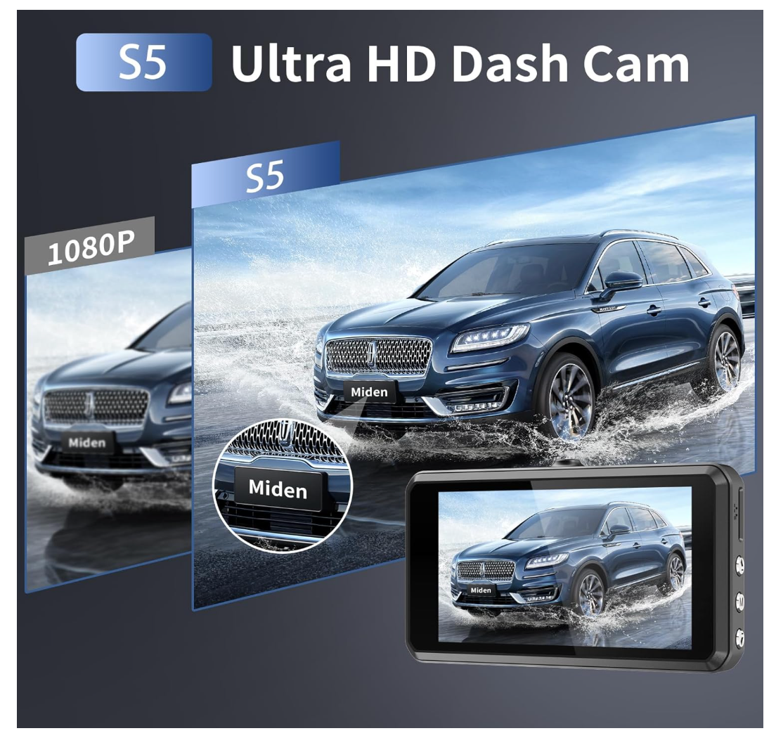 Miden S7 Dashcam 2.5K Auto Kamera Vorne Hinten 64GB SD G-Sensor 336° WDR