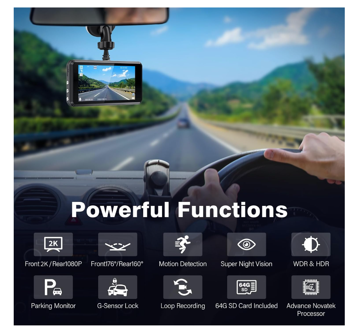 Miden S7 Dashcam 2.5K Auto Kamera Vorne Hinten 64GB SD G-Sensor 336° WDR