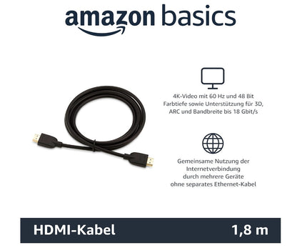 Amazon Basics HDMI Kabel 2.0 1,8m High Speed CL3 zertifiziert schwarz A Stecker