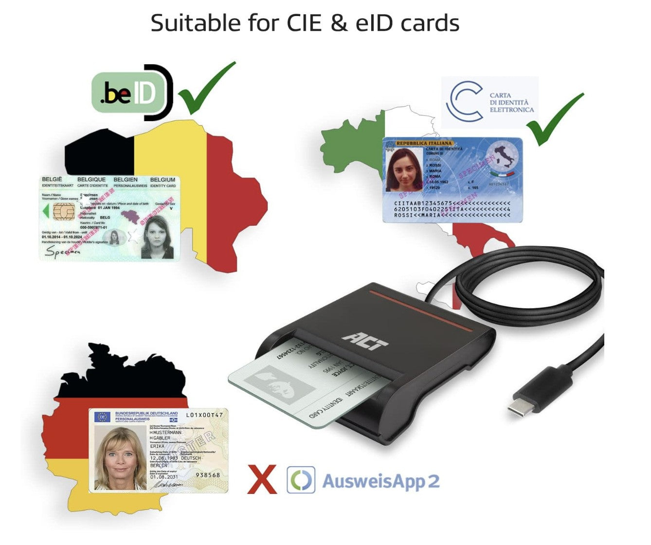 ACT – AC6020 USB C eID Kartenleser Belgien, Smartcard Reader, LED, Kompakt