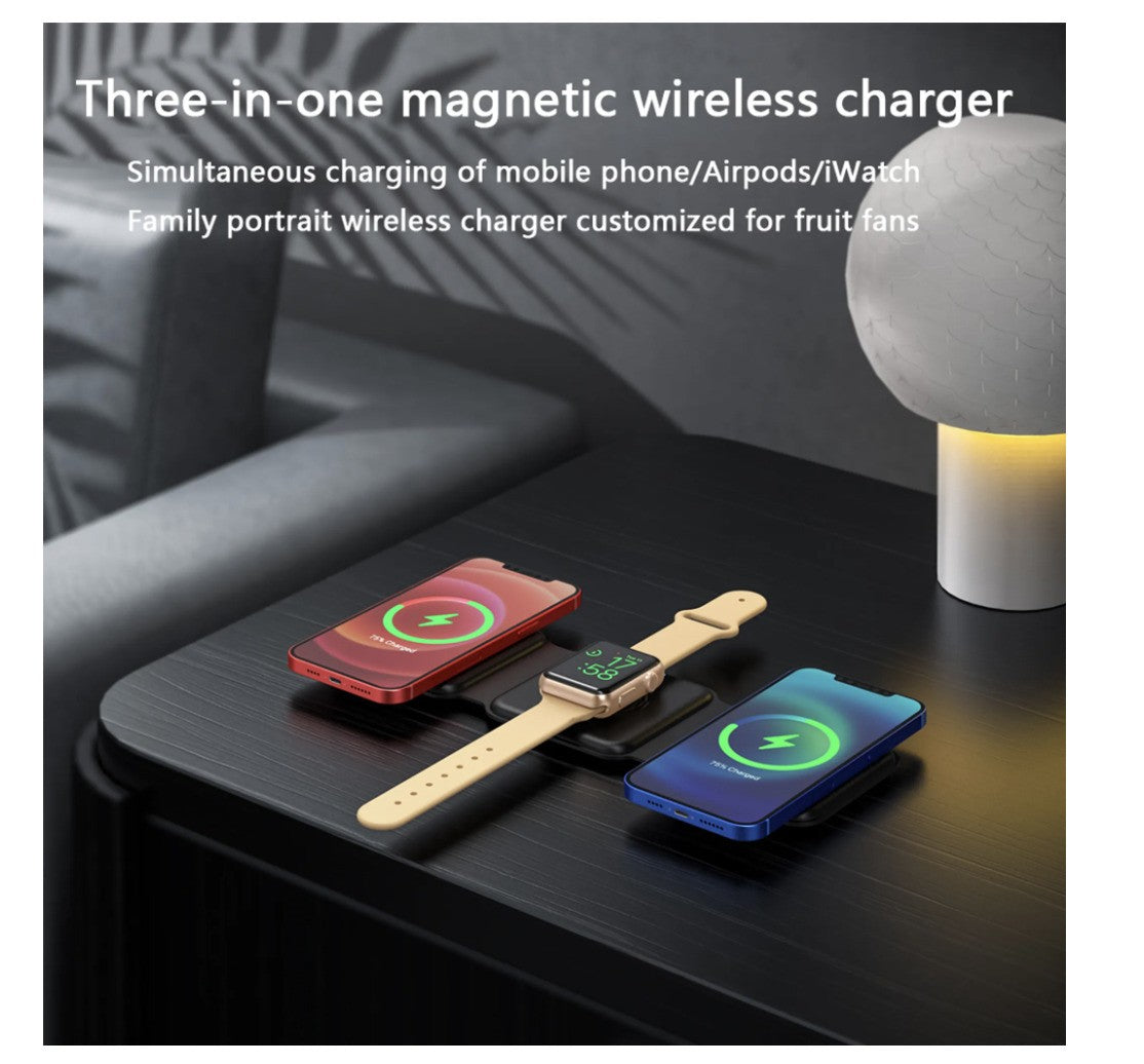 3-in-1 Kabellose Ladestation – Schwarz – Faltbar, Smartphone, Watch & Kopfhörer