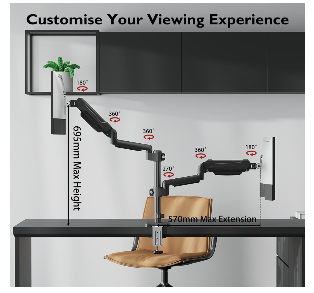 BONTEC Monitorhalterung Dual 13–32 Zoll 2 Monitore VESA 75/100 Neig Schwenk Dreh