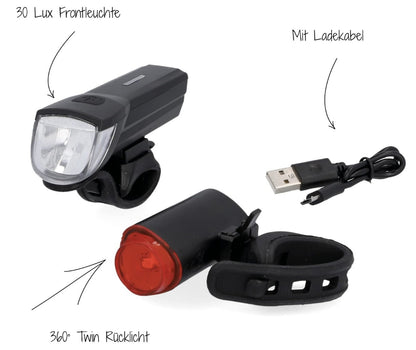 FISCHER – TWIN Fahrradlicht Set, Akku LED 30/15 Lux, USB, StVZO, IP44, 360°