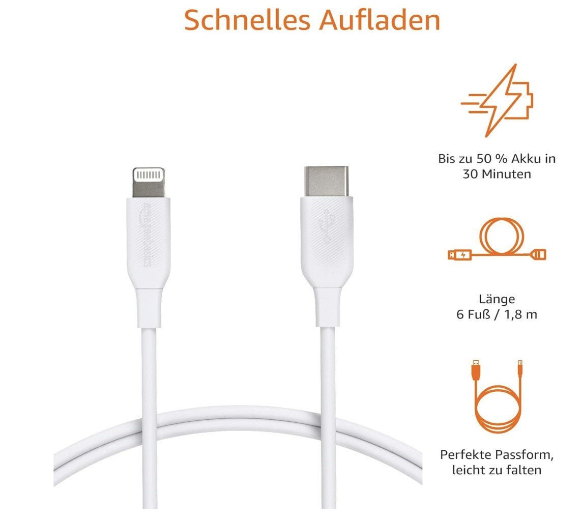 Amazon Basics – USB-C Kabel, MFi, 0.9m, Weiß, USB 2.0, iPhone iPad