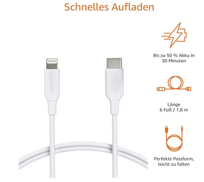 Amazon Basics – USB-C Kabel, MFi, 0.9m, Weiß, USB 2.0, iPhone iPad