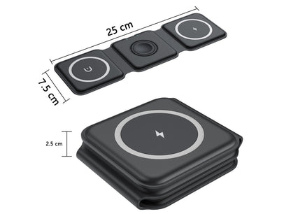 3-in-1 Kabellose Ladestation – Schwarz – Faltbar, Smartphone, Watch & Kopfhörer