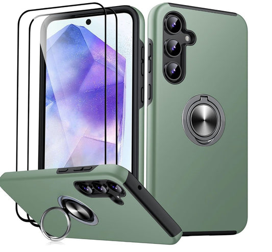 JAME – Galaxy A55 5G Hülle mit Panzerfolie, Stoßfest, Ring, Alpengrün, Kickstand