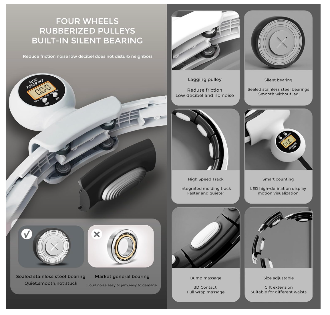 Smart Hula Hoop Fitnessring Gewicht Abnehmbar 360°Massage Ball Gymnastik Schwarz