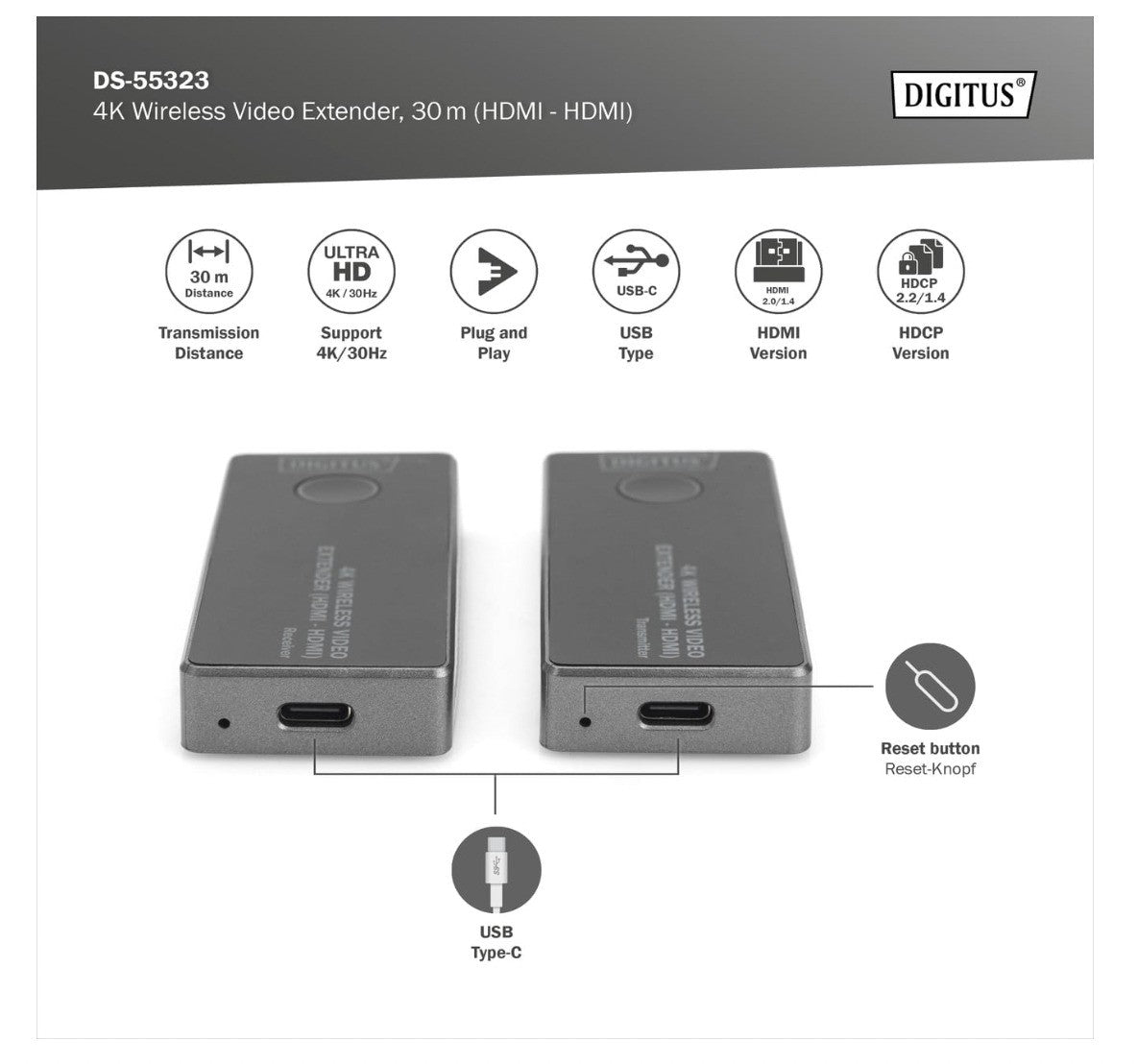 DIGITUS – DS-55323 HDMI Funk-Extender 4K 30Hz Wireless Sender Empfänger Set