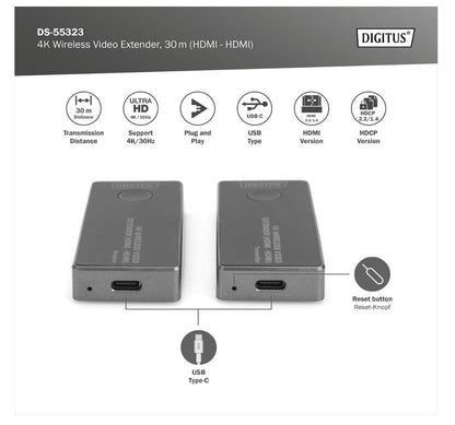 DIGITUS – DS-55323 HDMI Funk-Extender 4K 30Hz Wireless Sender Empfänger Set