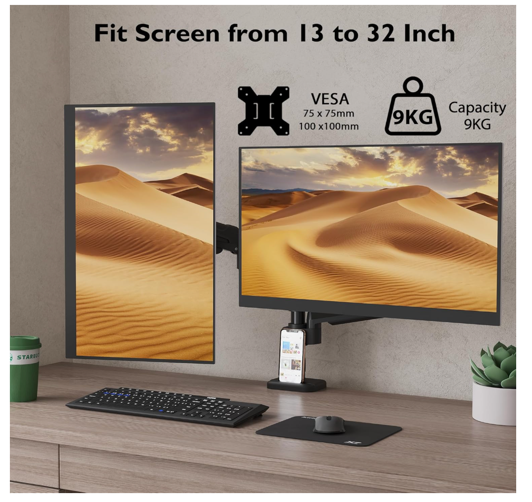 BONTEC Monitorhalterung Dual 13–32 Zoll 2 Monitore VESA 75/100 Neig Schwenk Dreh