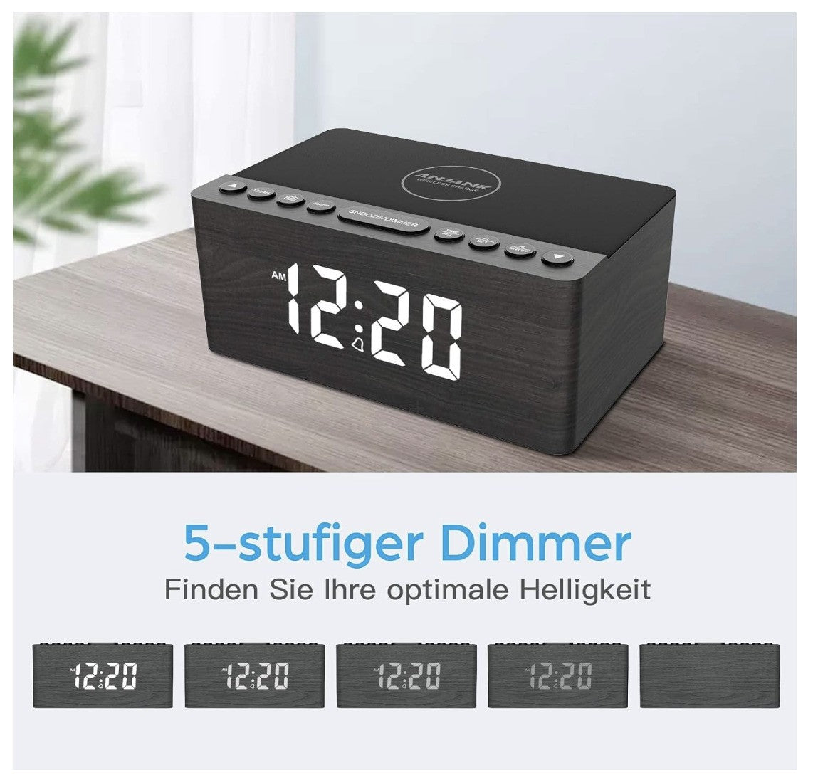 ANJANK – Radiowecker Digital mit Qi-Ladepad USB Charger dimmbar für iPhone