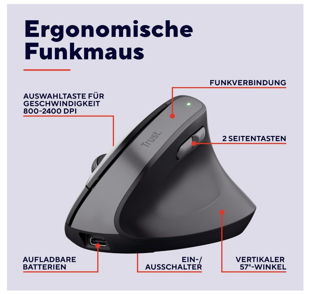 Trust – Yuno Maus Vertikal Kabellos, Ergonomisch DPI 800–2400 *SCROLLRAD DEFEKT