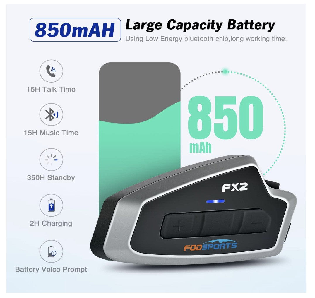 Fodsports FX2 Motorrad Intercom Bluetooth Helm Headset 3 Fahrer, GPS, Musik