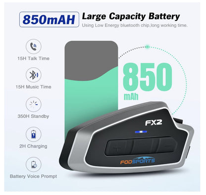 Fodsports FX2 Motorrad Intercom Bluetooth Helm Headset 3 Fahrer, GPS, Musik