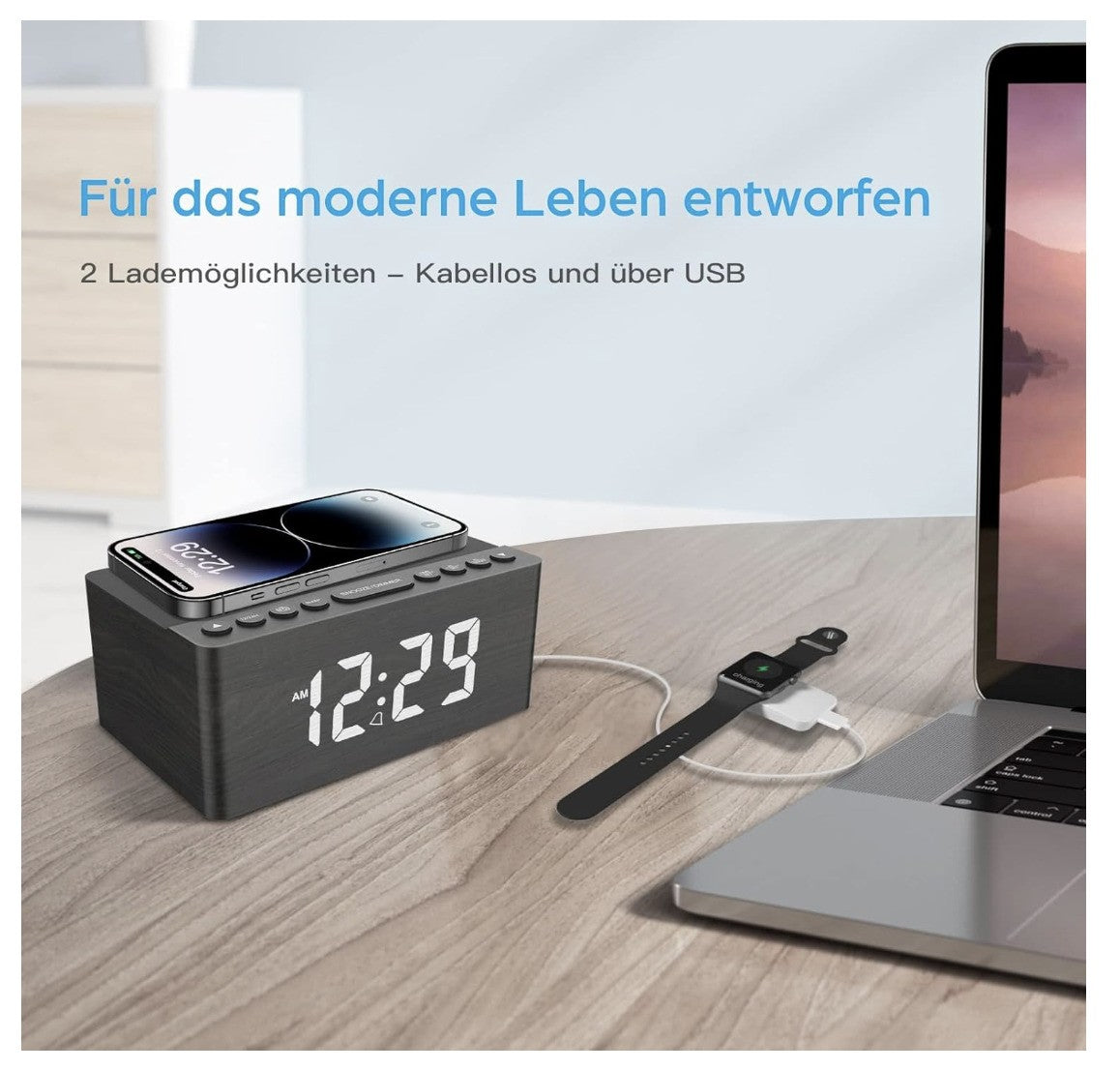 ANJANK – Radiowecker Digital mit Qi-Ladepad USB Charger dimmbar für iPhone