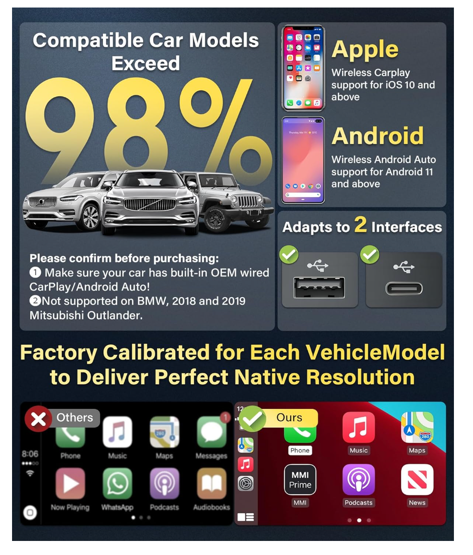 2-in-1 Wireless Adapter CarPlay Android Auto 5GHz Plug & Play Schnellübertragung