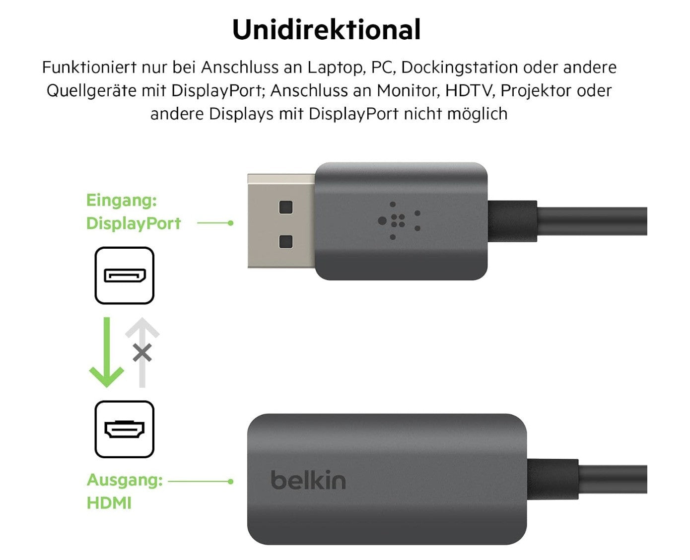 Belkin– AVC011 HDMI auf DisplayPort Adapter 4K 60Hz HDR10 HDCP2.2 unidirektional