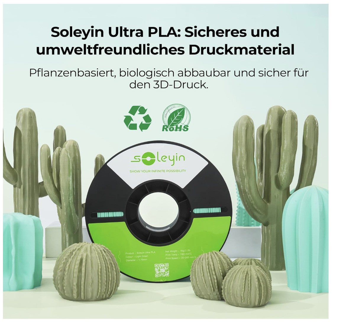 Soleyin Ultra PLA Filament 1,75 mm 1 kg Grün – ±0,02 mm – High-Speed 300 mm/s