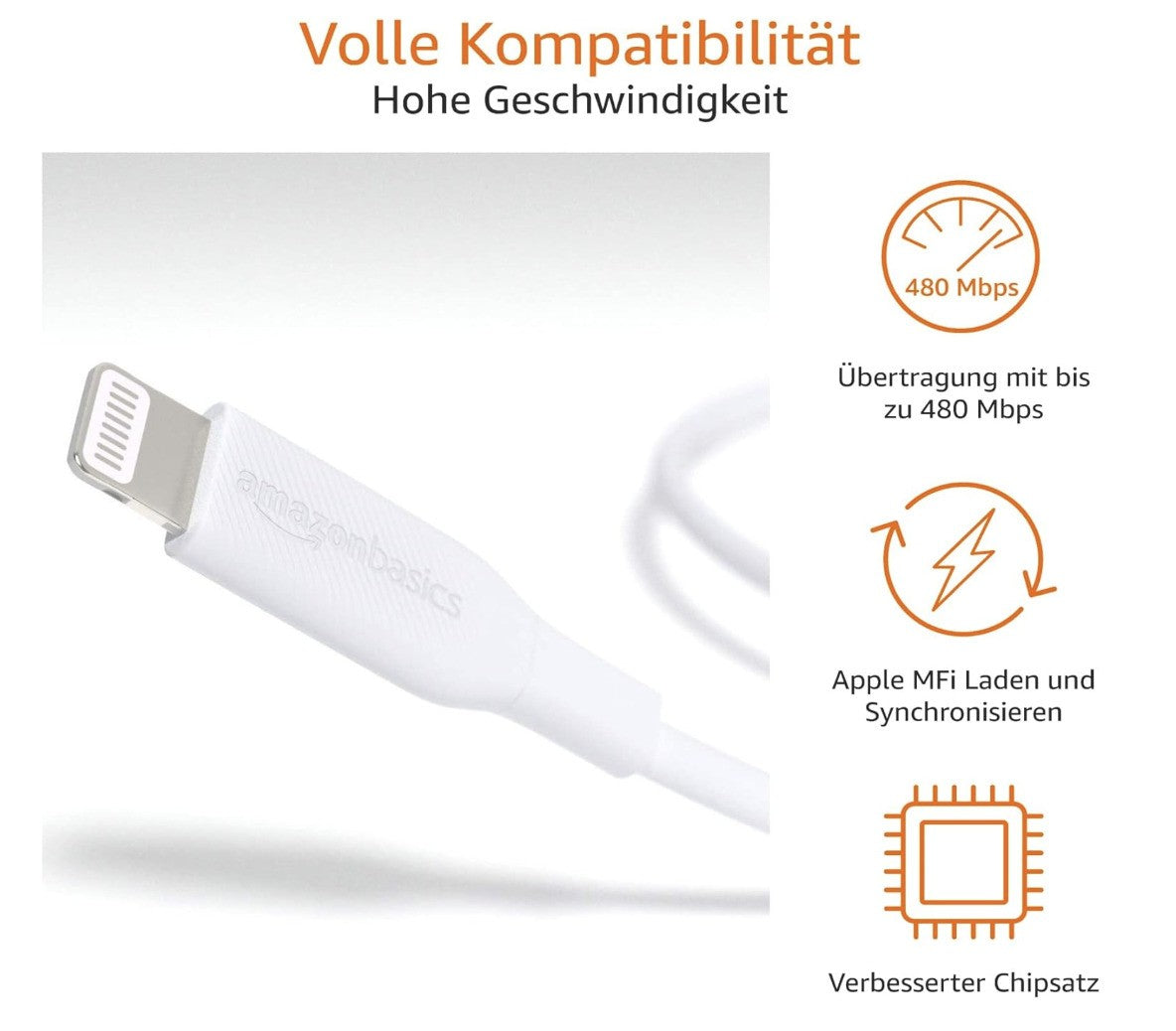 Amazon Basics – USB-C Kabel, MFi, 0.9m, Weiß, USB 2.0, iPhone iPad