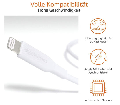Amazon Basics – USB-C Kabel, MFi, 0.9m, Weiß, USB 2.0, iPhone iPad