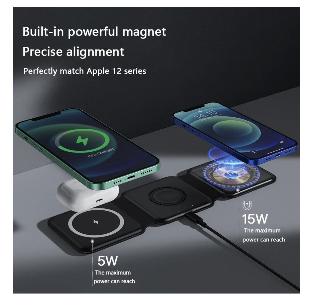3-in-1 Kabellose Ladestation – Schwarz – Faltbar, Smartphone, Watch & Kopfhörer