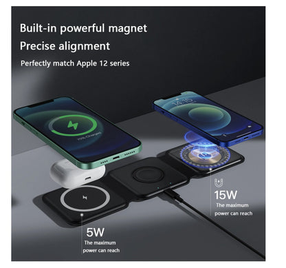 3-in-1 Kabellose Ladestation – Schwarz – Faltbar, Smartphone, Watch & Kopfhörer