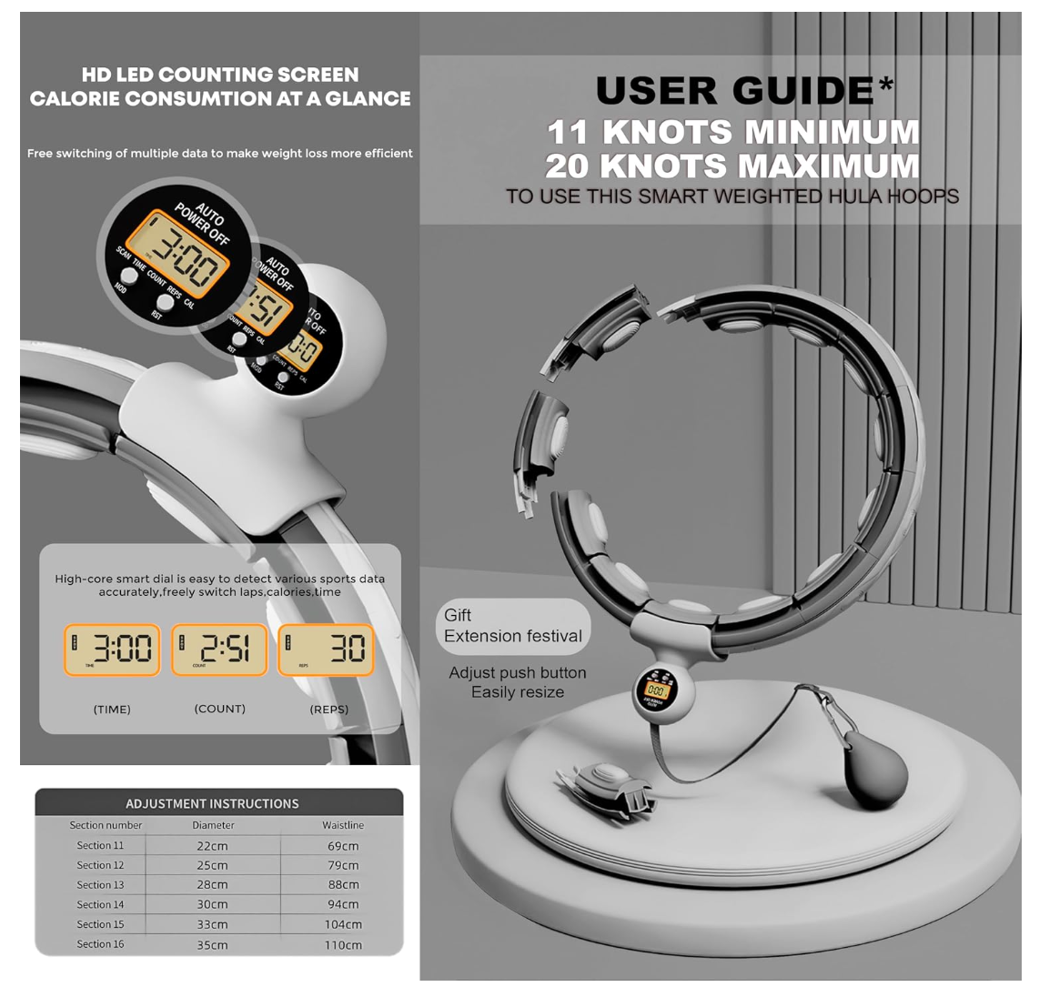 Smart Hula Hoop Fitnessring Gewicht Abnehmbar 360°Massage Ball Gymnastik Schwarz