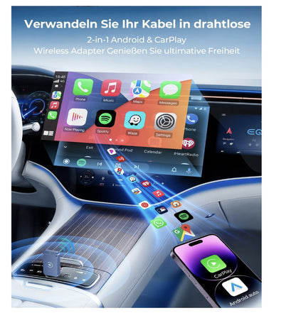 2-in-1 Wireless Adapter für Android Auto & CarPlay– Kabellos– Plug & Play– Blau