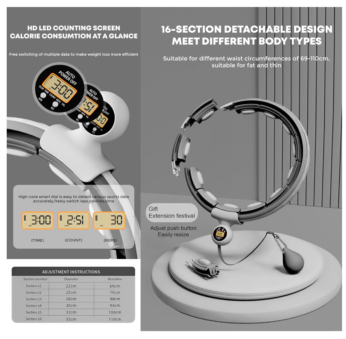 Smart Hula Hoop Fitnessring Gewicht Abnehmbar 360°Massage Ball Gymnastik Schwarz