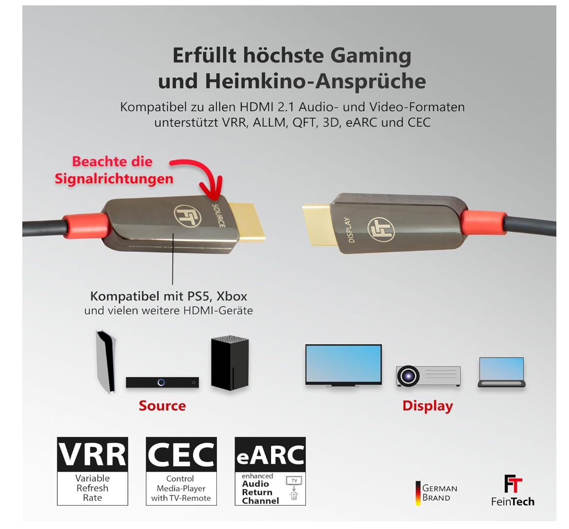 FeinTech – VMI90150 HDMI 2.1 Glasfaserkabel 15m 8K 48Gbps PS5 Xbox Dolby