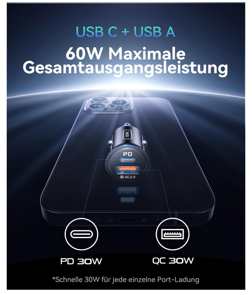 INIU – Cargador Coche 60W USB C PD & QC3.0 Schnellladegerät Auto iPhone Samsung