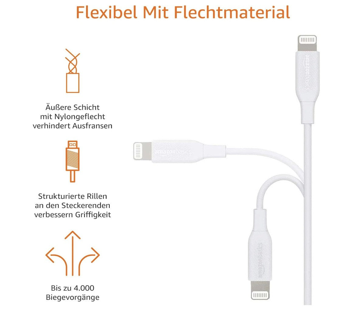 Amazon Basics – USB-C Kabel, MFi, 0.9m, Weiß, USB 2.0, iPhone iPad