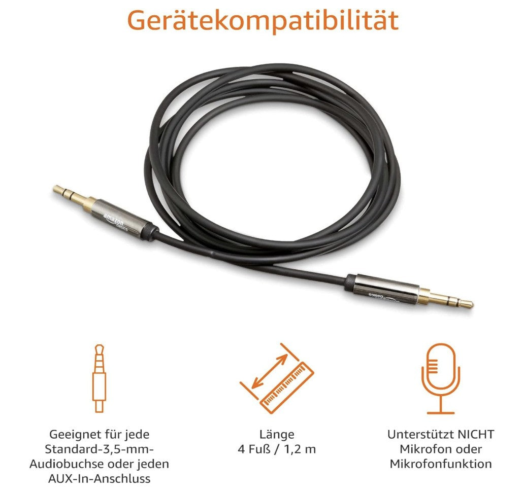 Amazon Basics – Cavo Audio 3,5mm, Stereo Klinke Kabel, 1.2m, AUX Kabel Schwarz