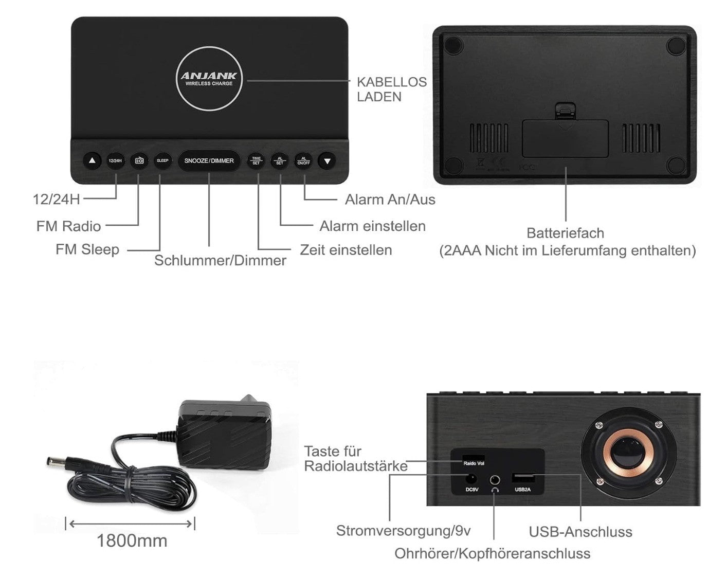 ANJANK – Radiowecker Digital mit Qi-Ladepad USB Charger dimmbar für iPhone