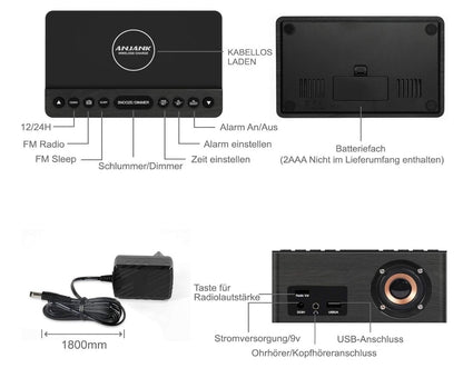 ANJANK – Radiowecker Digital mit Qi-Ladepad USB Charger dimmbar für iPhone