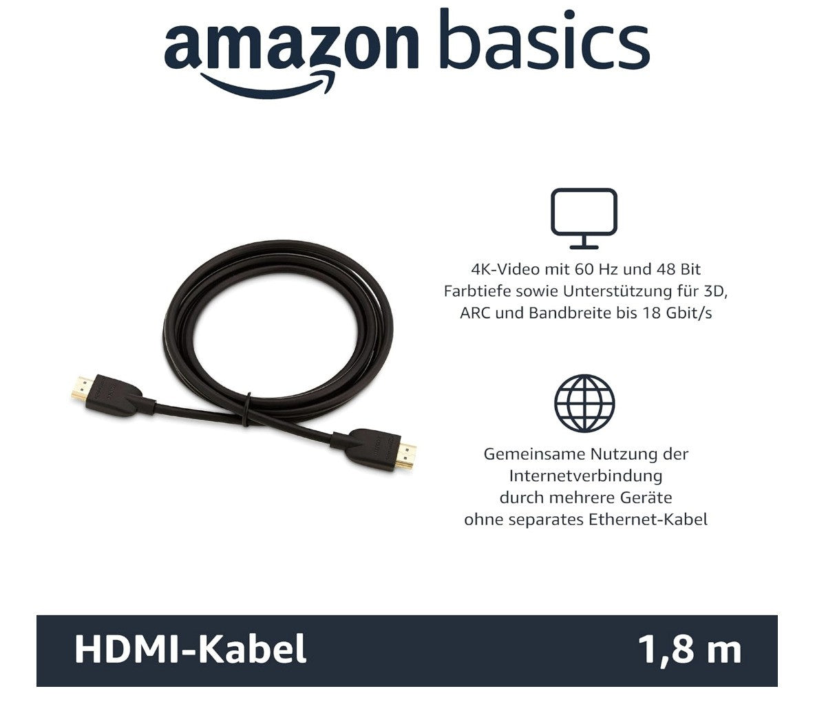 Amazon Basics – HDMI Kabel 1,8 m, 4K@60Hz, 18 Gbps, Ethernet, schwarz