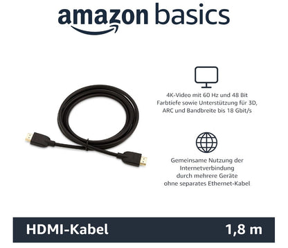 Amazon Basics – HDMI Kabel 1,8 m, 4K@60Hz, 18 Gbps, Ethernet, schwarz