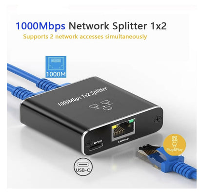 LAN Splitter 1 auf 2 – Gigabit Netzwerk Switch 2-Port mit USB-C Stromversorgung