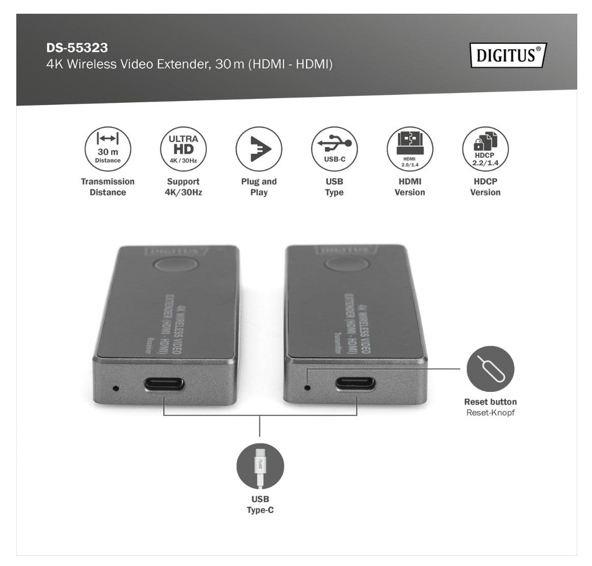 DIGITUS – DS-55323 HDMI Funk-Extender 4K 30Hz Wireless Sender Empfänger Set