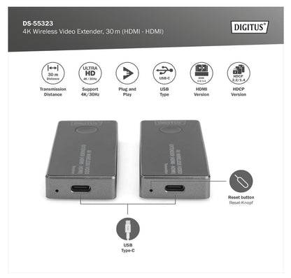 DIGITUS – DS-55323 HDMI Funk-Extender 4K 30Hz Wireless Sender Empfänger Set