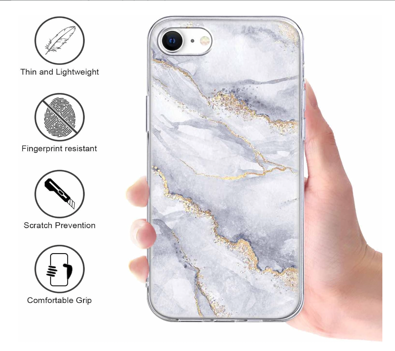 Xylota – iPhone 8/7/SE Hülle, 3er Set TPU Case Marmor Transparent Stoßfest Slim