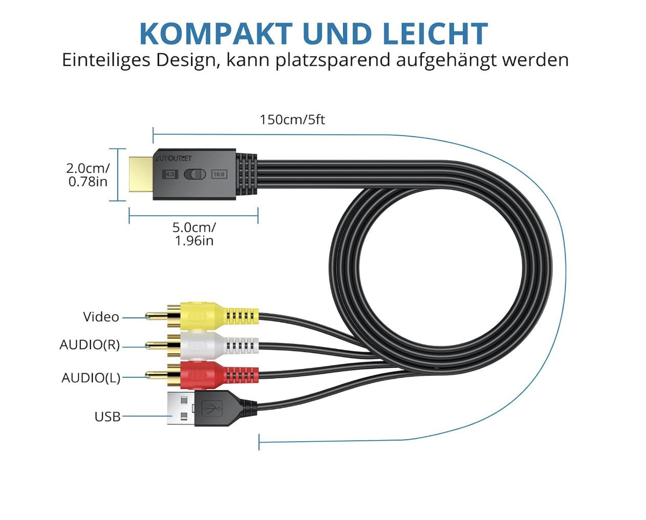 AUTOUTLET – AV zu HDMI Konverter, 1080P Adapter, CVBS Composite auf HDMI, 16:9