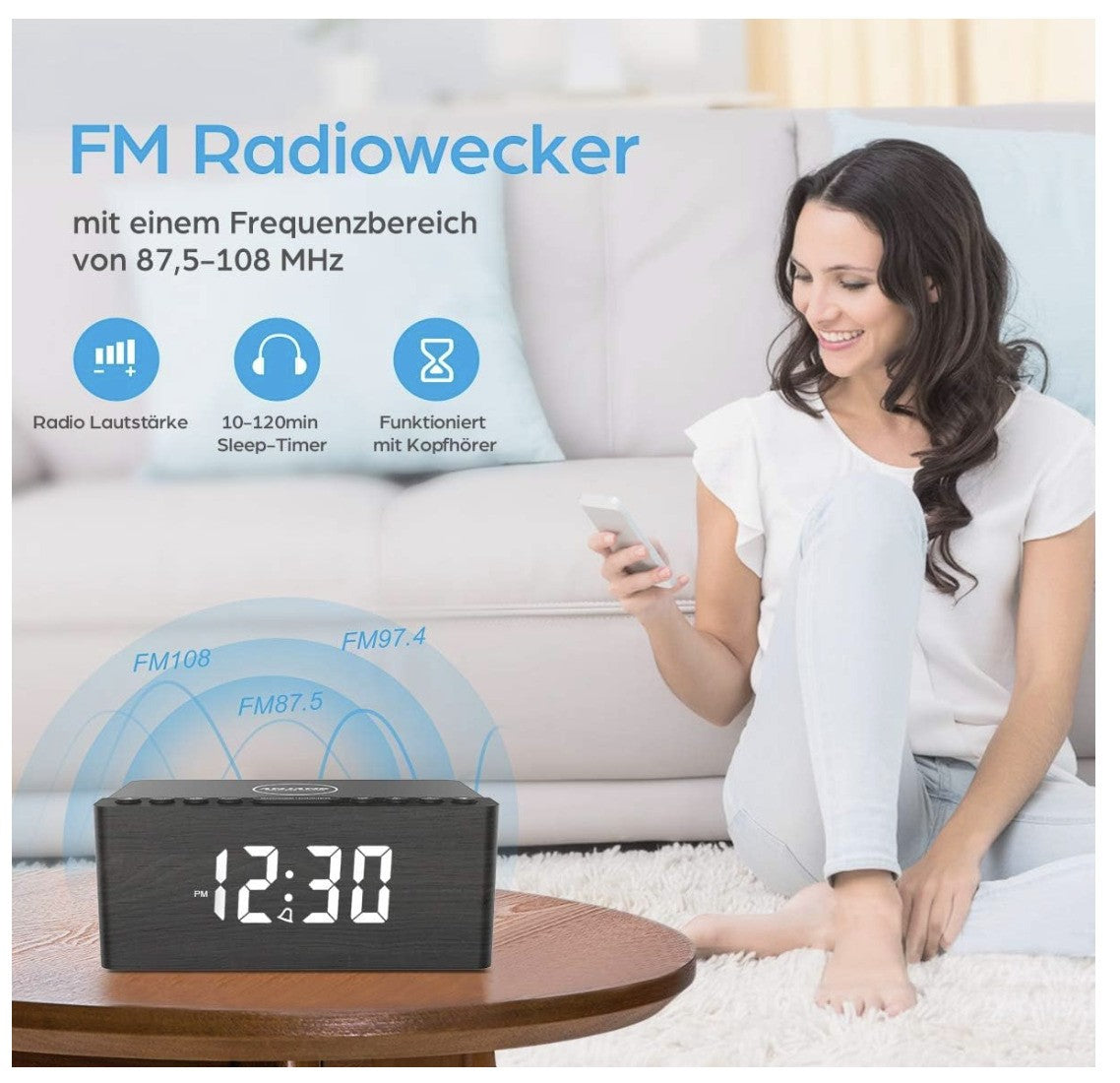 ANJANK – Radiowecker Digital mit Qi-Ladepad USB Charger dimmbar für iPhone