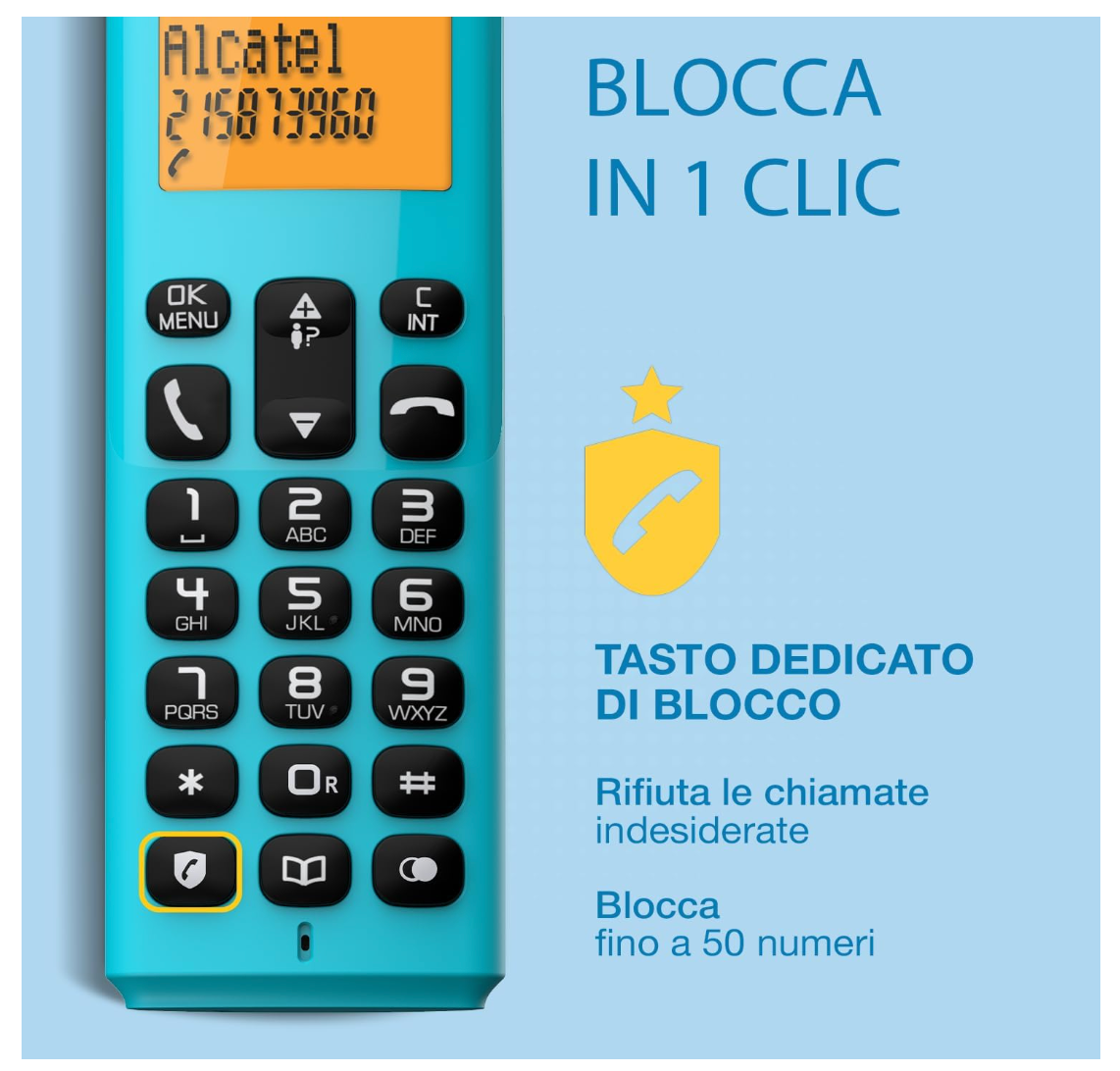 Alcatel – E160 DECT Telefon blau mit Anrufblocker, großes Display, Klingeltöne