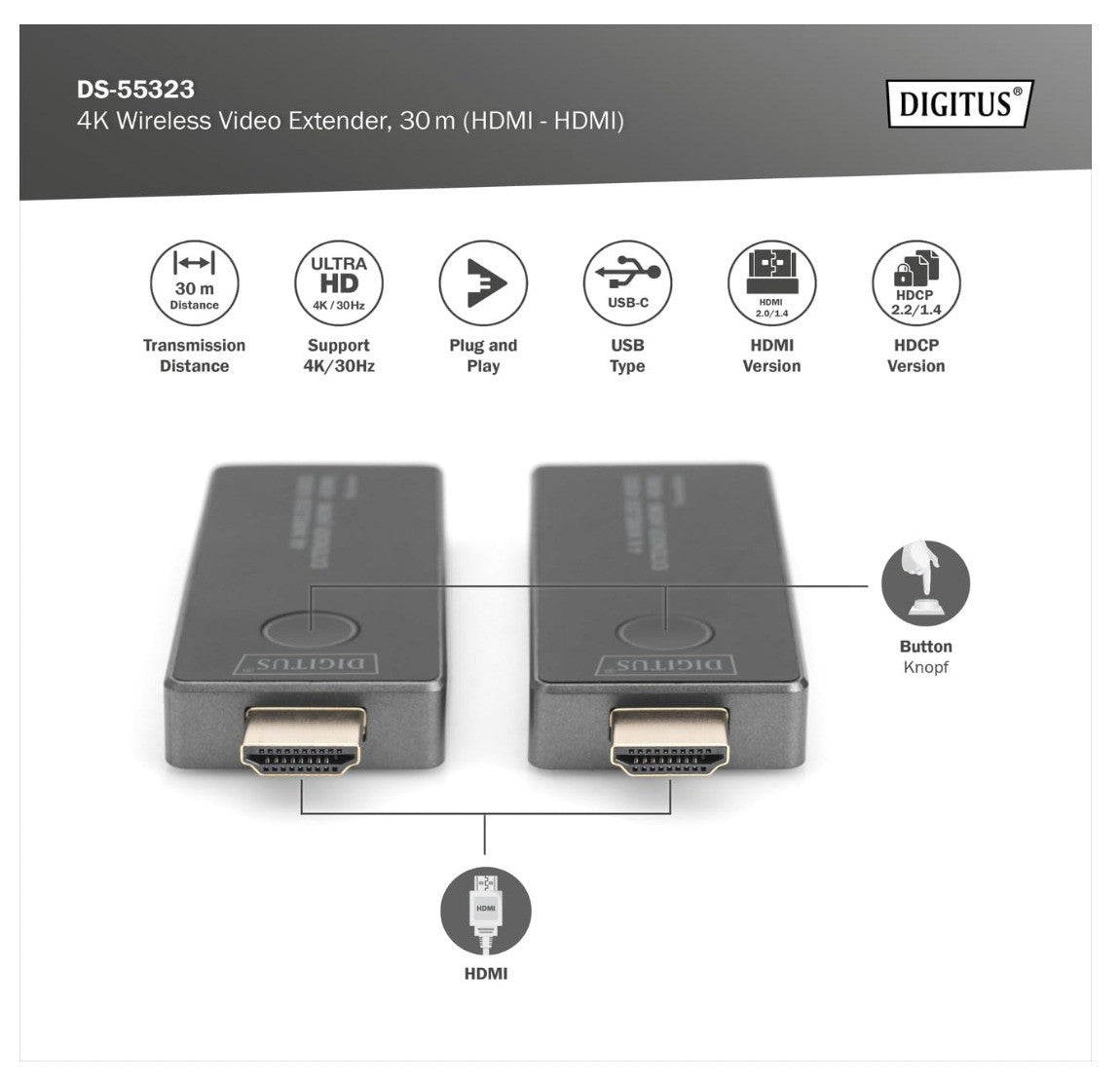 DIGITUS – DS-55323 HDMI Funk-Extender 4K 30Hz Wireless Sender Empfänger Set