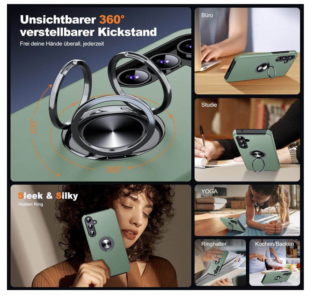 JAME – Galaxy A55 5G Hülle mit Panzerfolie, Stoßfest, Ring, Alpengrün, Kickstand