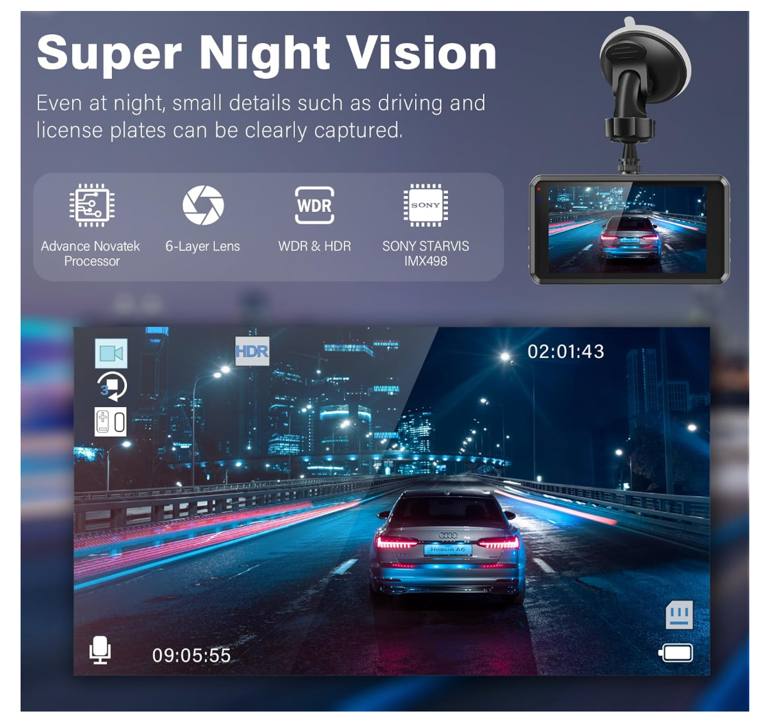 Miden S7 Dashcam 2.5K Auto Kamera Vorne Hinten 64GB SD G-Sensor 336° WDR